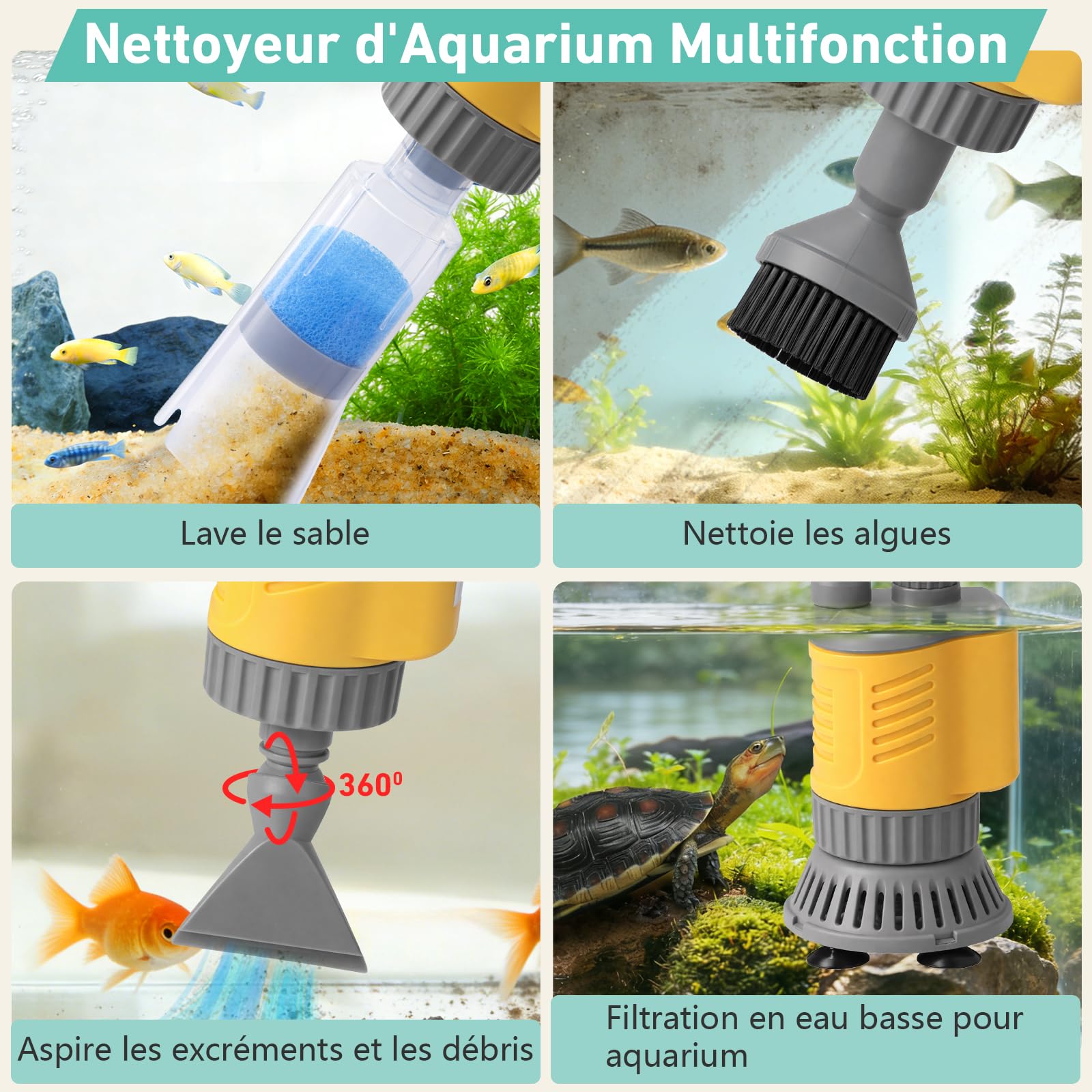 Aspirateur Électrique Pour Aquarium, 1200LPH Nettoyage Gravier 8 En 1 Amovible, 20W Aspiration Puissante Pour Changer l’Eau, Laver Le Sable, Éliminer Les Algues Et Circuler l’Eau