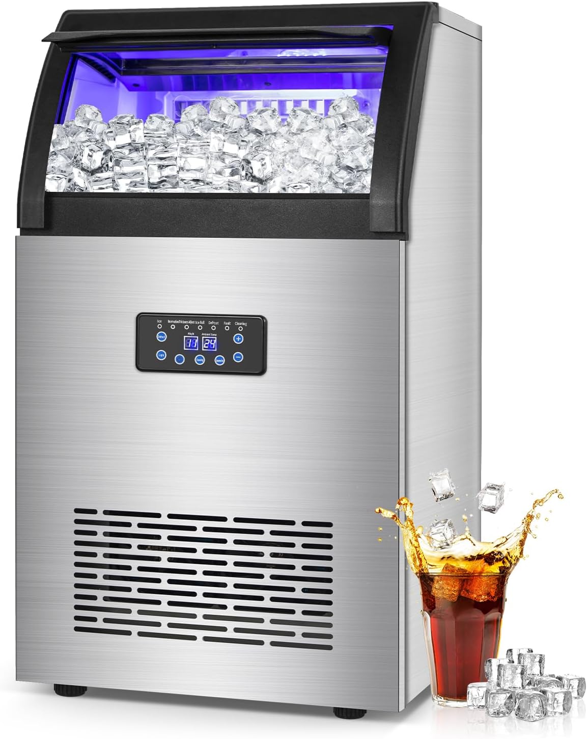 150 lbs/24h Commercial Ice Maker with 50 lbs Storage Bin | Stainless Steel Undercounter/Freestanding Ice Machine for Home Bar & Outdoor Use | 55 PCS Ice Cubes | Self-Cleaning Functionality