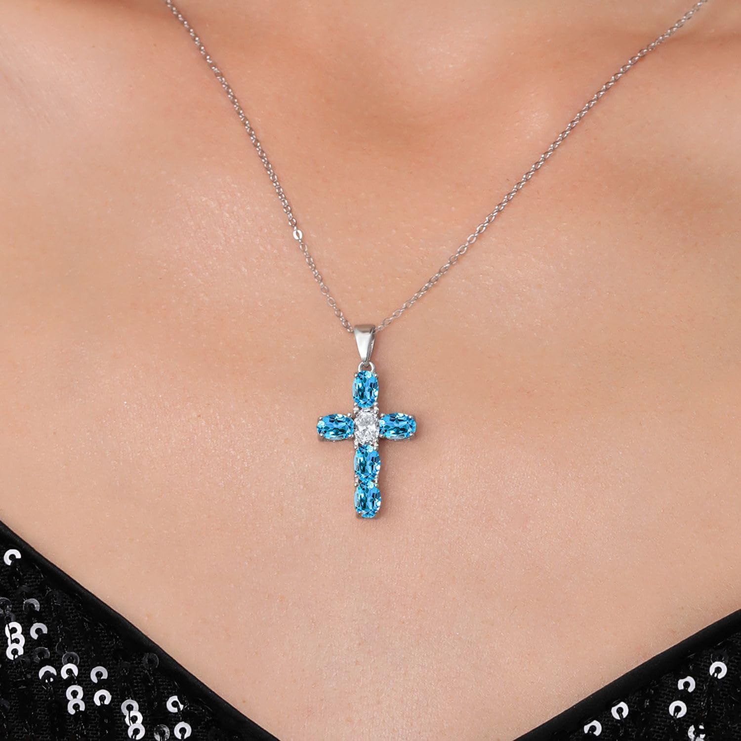 Gem Stone King 3.35 Cttw Swiss Blue Topaz and White Topaz Cross Pendant Necklace for Women | 925 Sterling Silver | Gemstone November Birthstone | Oval 6X4MM | With 18 Inch Chain