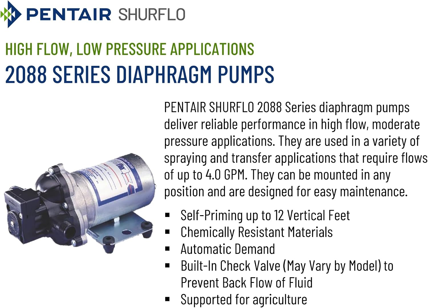 PENTAIR SHURFLO 2088-514-500 12 Volt Water Pump, 4 GPM 45 PSI Diaphragm Pump, Self-Priming 12V Pump Santoprene Valves, 1/2" NPT Ports, Continuous Duty Pump for RV Water System, Agricultural Spraying