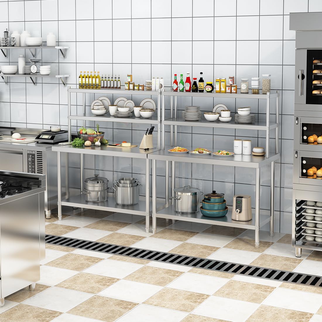 Banco da Lavoro Acciaio 120x60x80cm Regolabile 250kg per Cucina | Resistente, Facile Pulizia, Antiruggine, 2 Ripiani, Spazio Inferiore, per Ristorante, Officina, Hotel, Giardino