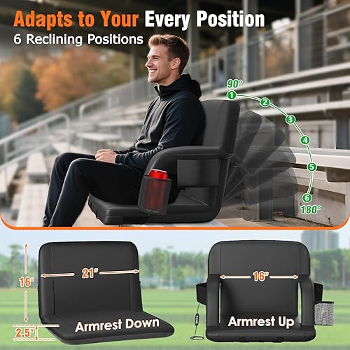 Miniatura 2 de Suteck Dual-Side Heated Stadium Seats with Back Support, Wide Portable Stadium Chair, Foldable Bleacher Chair WUSB 3-Level Heating, 5 Storage