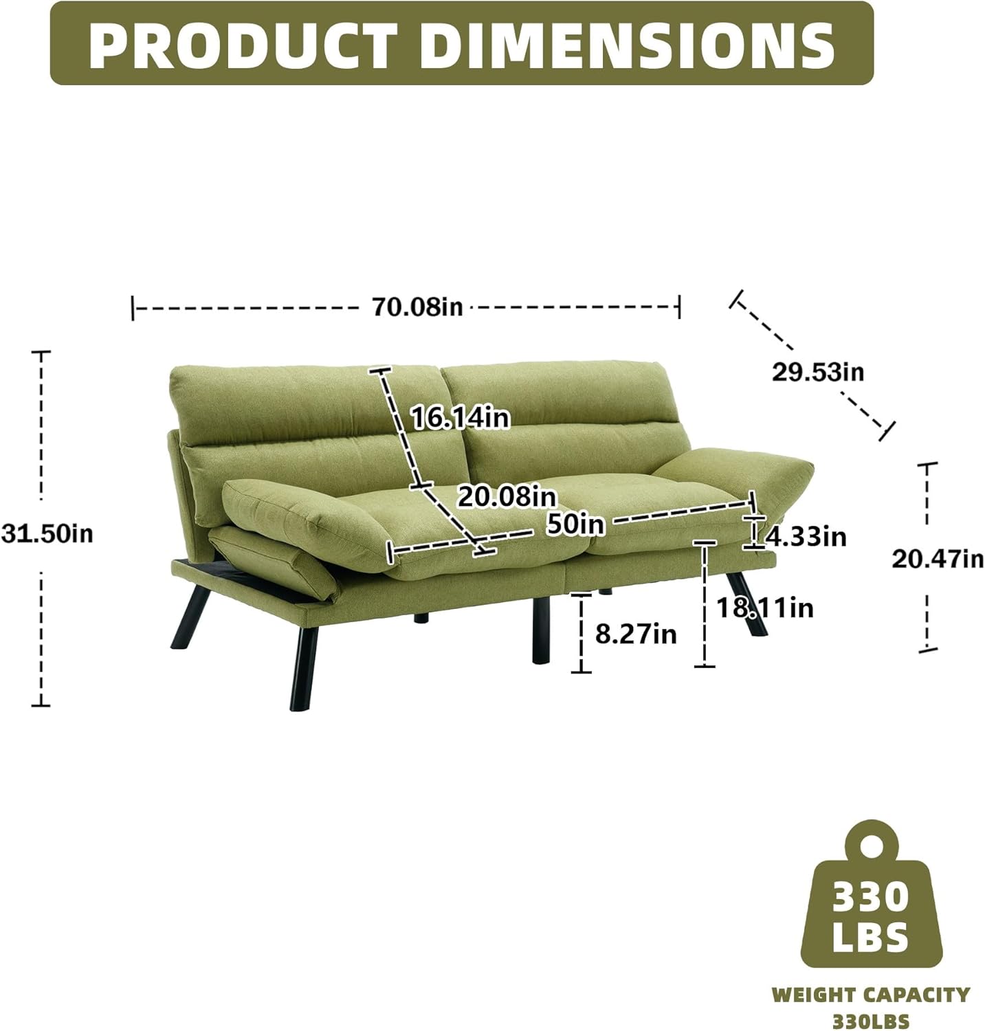 QQU Modern 3-in-1 Convertible 2-Seats Sofa Bed,Upholstered Sofa with Metal Feet, Folding Chaise Longue with Thick Backrest for Living Room, Office, Hotel,B-Green