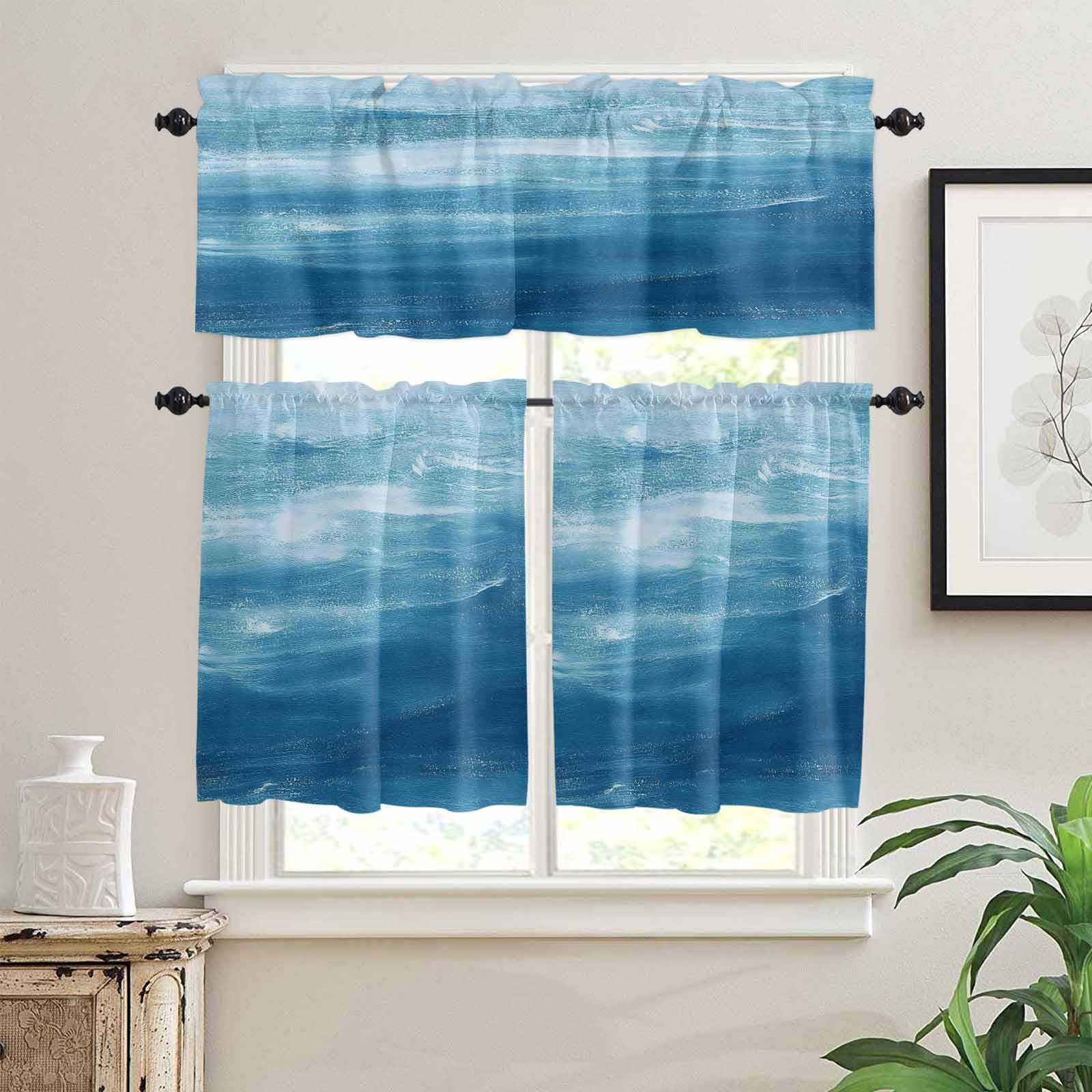 Blue Coastal Wave Kitchen Curtains 36 Inch Length, 3 Piece Rod Pocket Small Half Tiers and Valance Set, Modern Abstract Summer Ocean Small Large Window Treatment Decor for Bedroom/Bathroom Sink