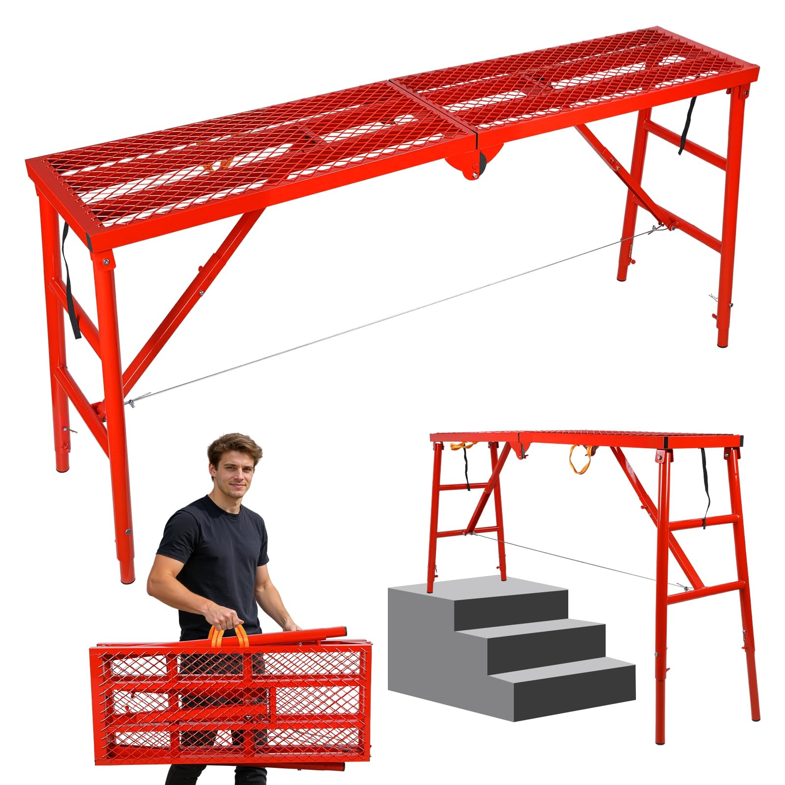 Plateforme de Travail Réglable & Pliable – Échafaudage Acier 450kg Marche Pied Large Fonction Établi, Tréteau Table Pliante, Alternative Stable aux Échasses Plaquiste, Step Échelle Rouge