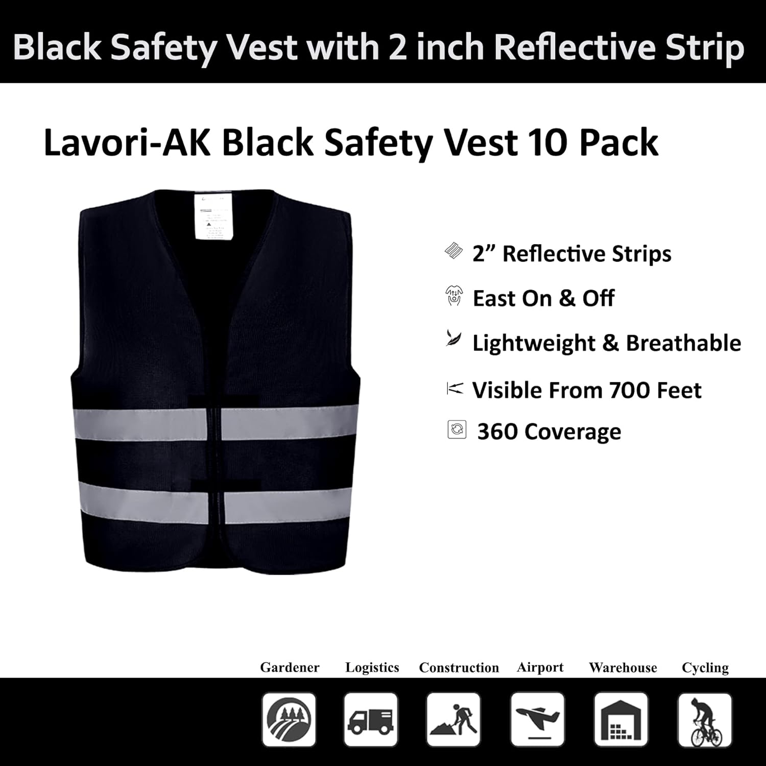 Black Safety Vests 10 Pack - Reflective High Visibility Construction ANSI Class 2 Work Vests for Men,Woman,Hi Vis Mesh and Neon Silver Strip - Image 2