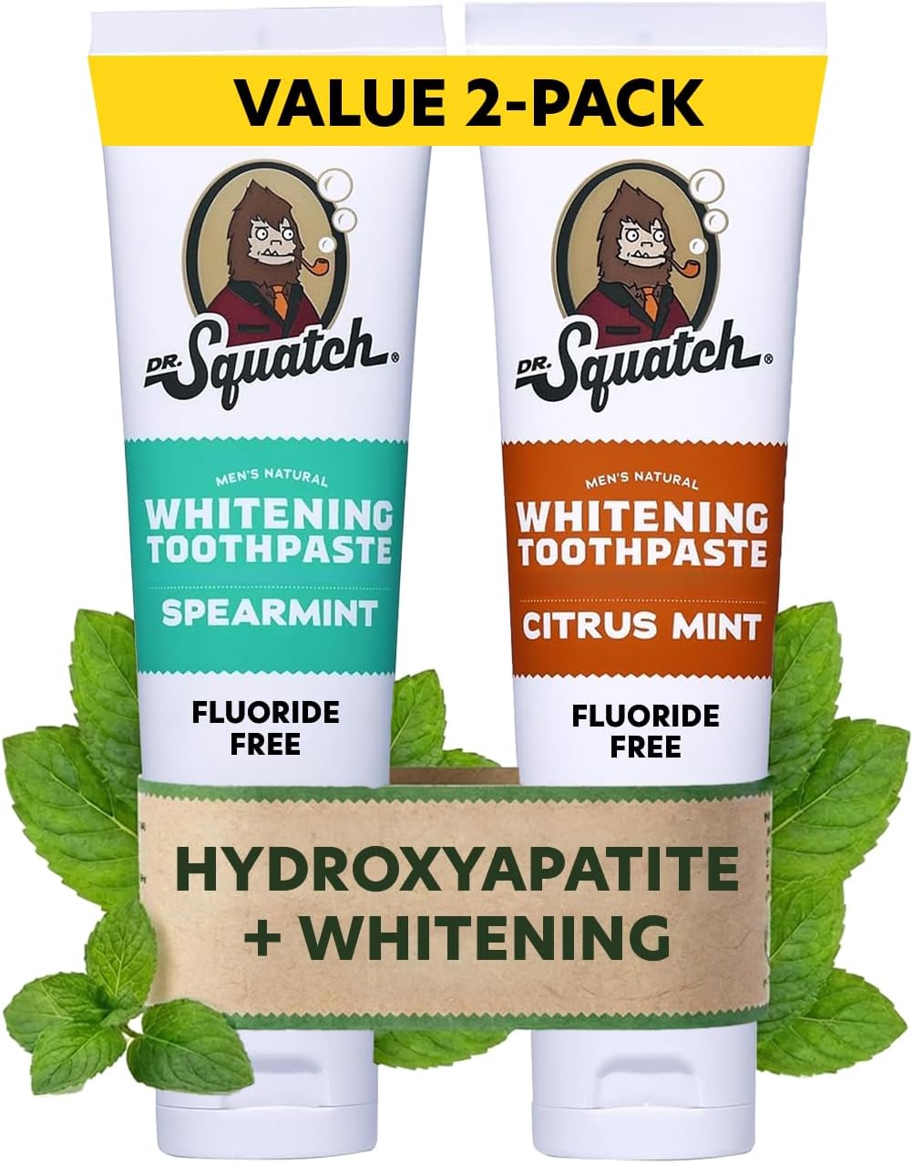 Dr. Squatch Hydroxyapatite Toothpaste Whitening - Natural, Fluoride-Free Toothpaste - Enamel Support - Day & Night Set - Citrus Mint & Spearmint, (4.7 oz, 2-Pack)