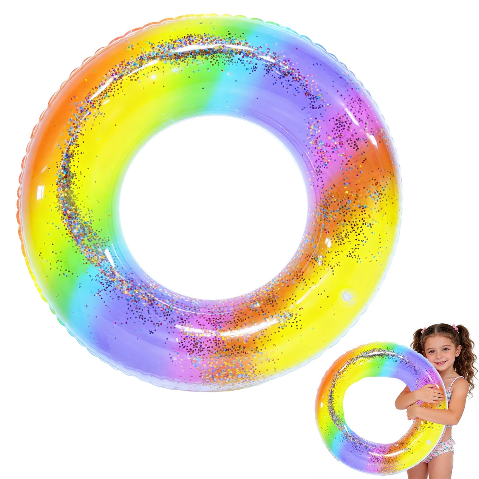 Rainbow Sequins Swimming Ring Inflatable Rubber Rings for Kids 4-9 Years,70cm Inflatable Pool Ring Floaties Swim Rings Water Float Inflatables Pool Float for Boys Girls Beach Summer Water Party Sport