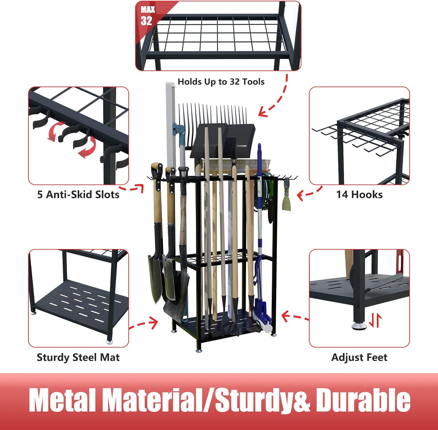 Garden Tool Organizer, 3-Tier Metal Yard Tool Rack with 14 Hooks & 5 Slots, Holds 50+ Rakes/Shovels/Brooms, Heavy Duty Freestanding Lawn Tool Storage for Garage Shed Outdoor Organization