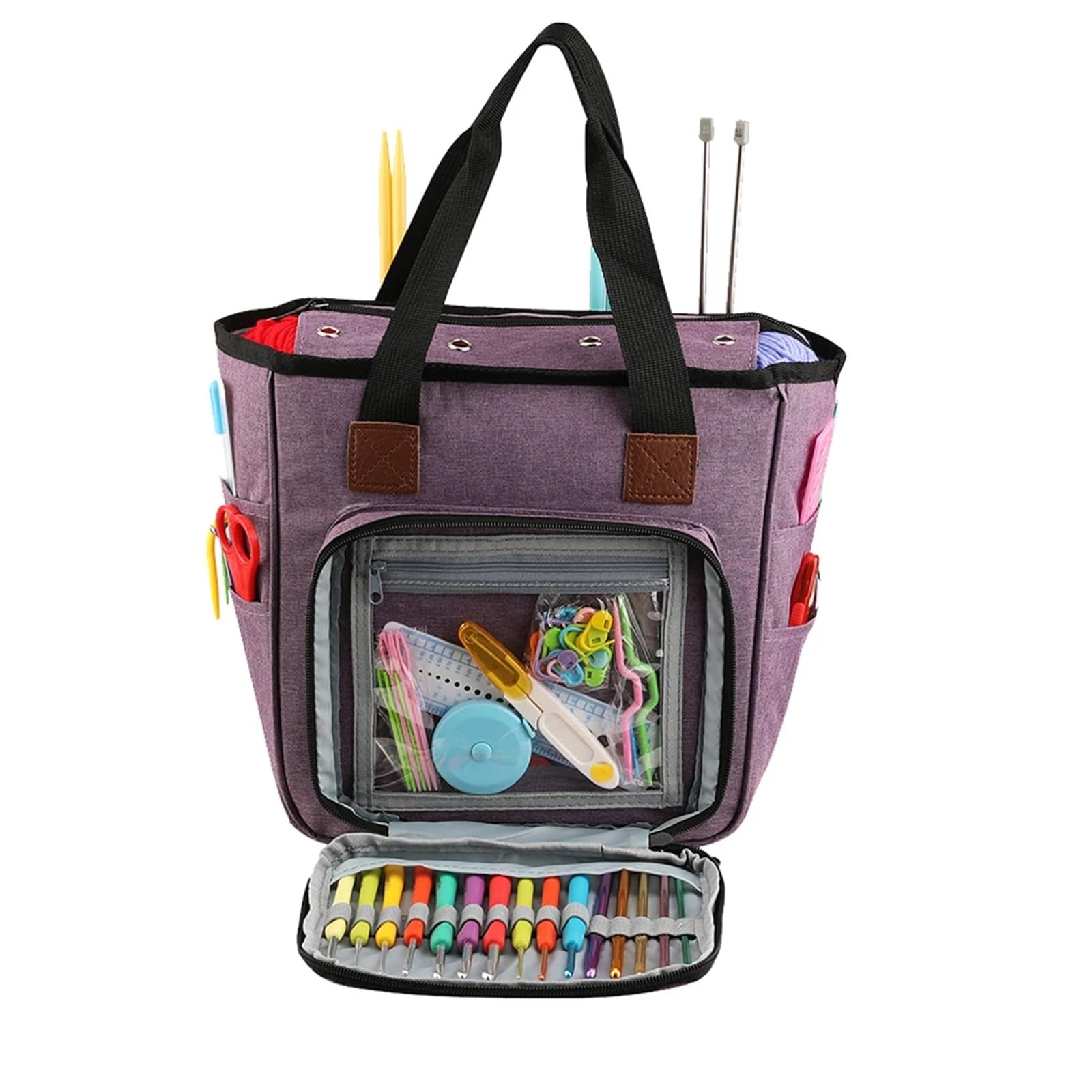 Bolsa de mano for tejer, almacenamiento hilo for agujas, ganchos ganchillo y accesorios costura, Kit DIY para Agujas, Hilo(Purple)