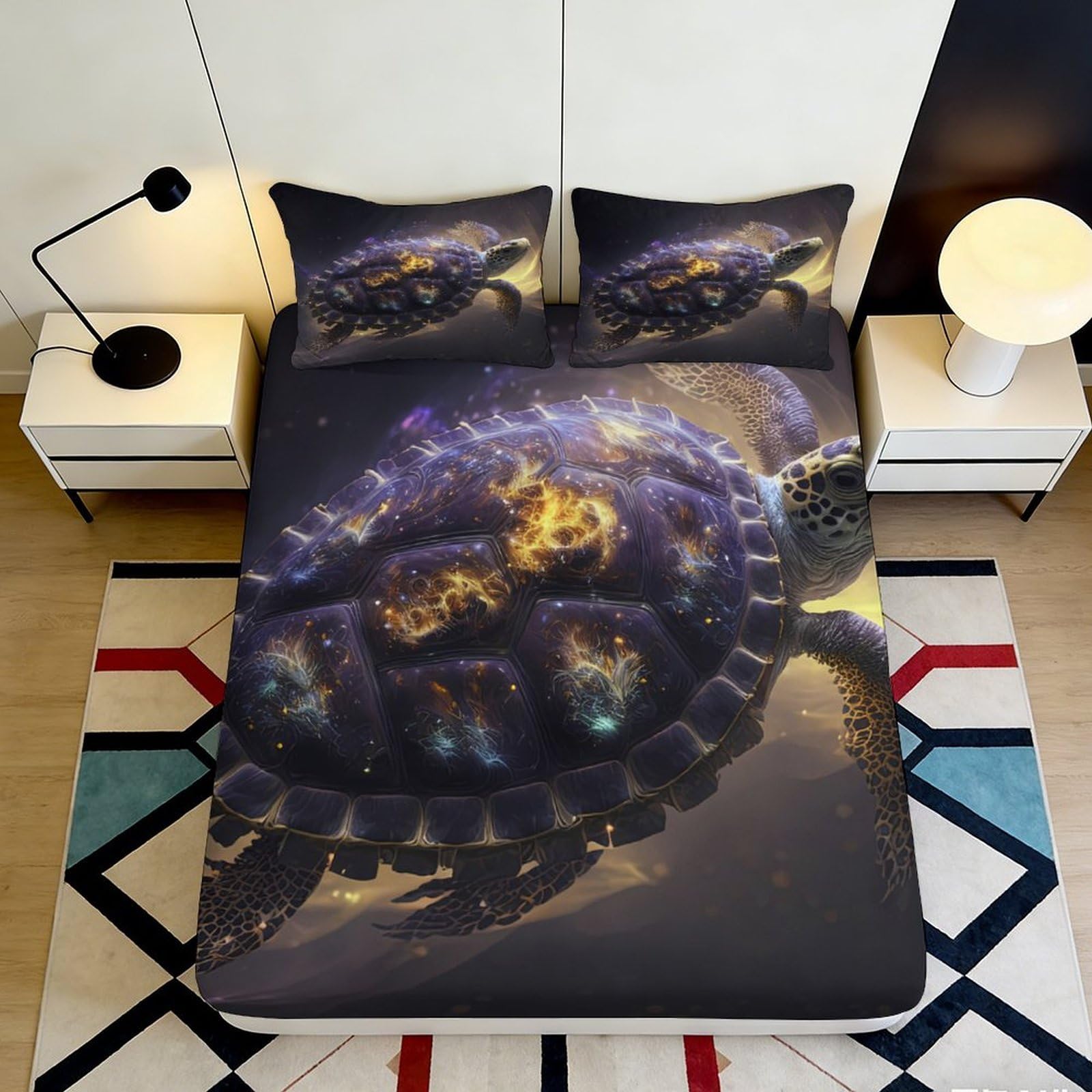 3D Printed Galaxy Turtle Fitted Sheet Microfiber Soft Breathable Cosmic Ocean Mattress Cover Bedroom Decor 90x200x25cm