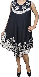 Mogul Interior Womens Beach Swing Flare Dress Black Umbrella Batik Embroidered Tank Dresses L