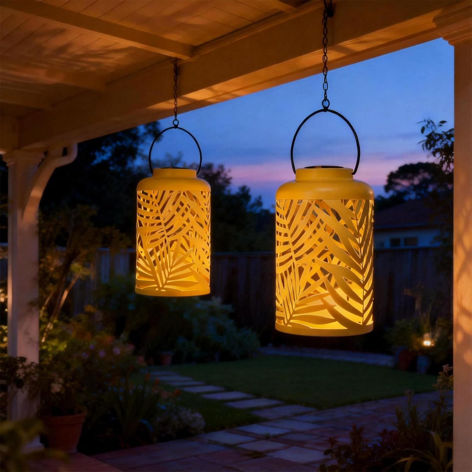 Solar Lantern Outdoor Waterproof Lanterns, 2 Pack Metal Leaf Projection Hanging Lanterns Decorative Lantern for Patio Garden Yard Backyard Front Porch (Yellow)