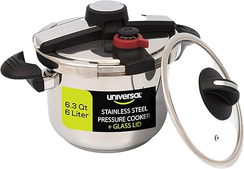 Universal Olla a presión Silver Express de 6.3 cuartos de galón + tapa de vidrio extra (15 PSI100 kPa) con sistema de apertura fácil, olla a presión