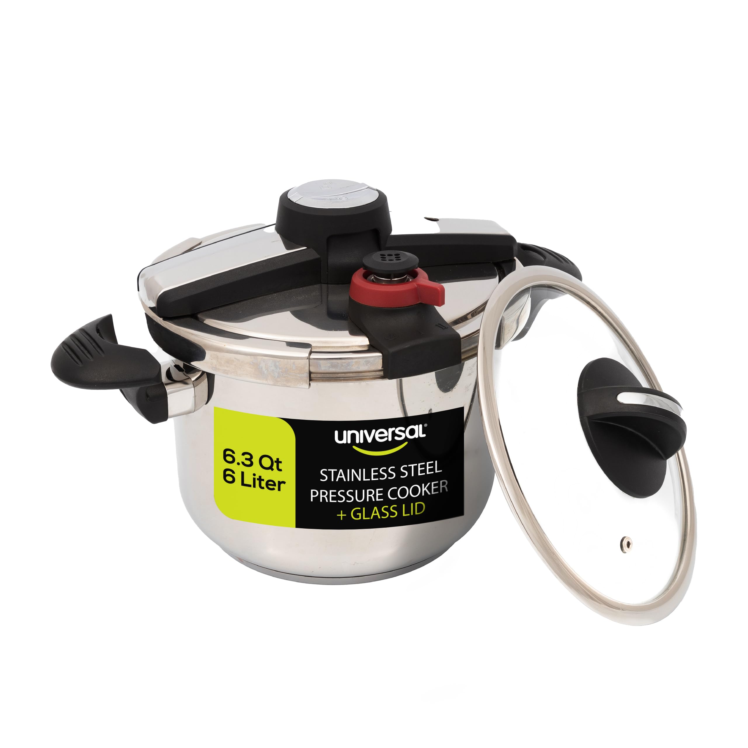 Universal (6.3 Qt/6 Liter) Silver Express Pressure Cooker + Extra Glass Lid, (15 PSI/100 kPa) with Easy Opening System, Ultra Safe Stainless Steel Pressure Cooker
