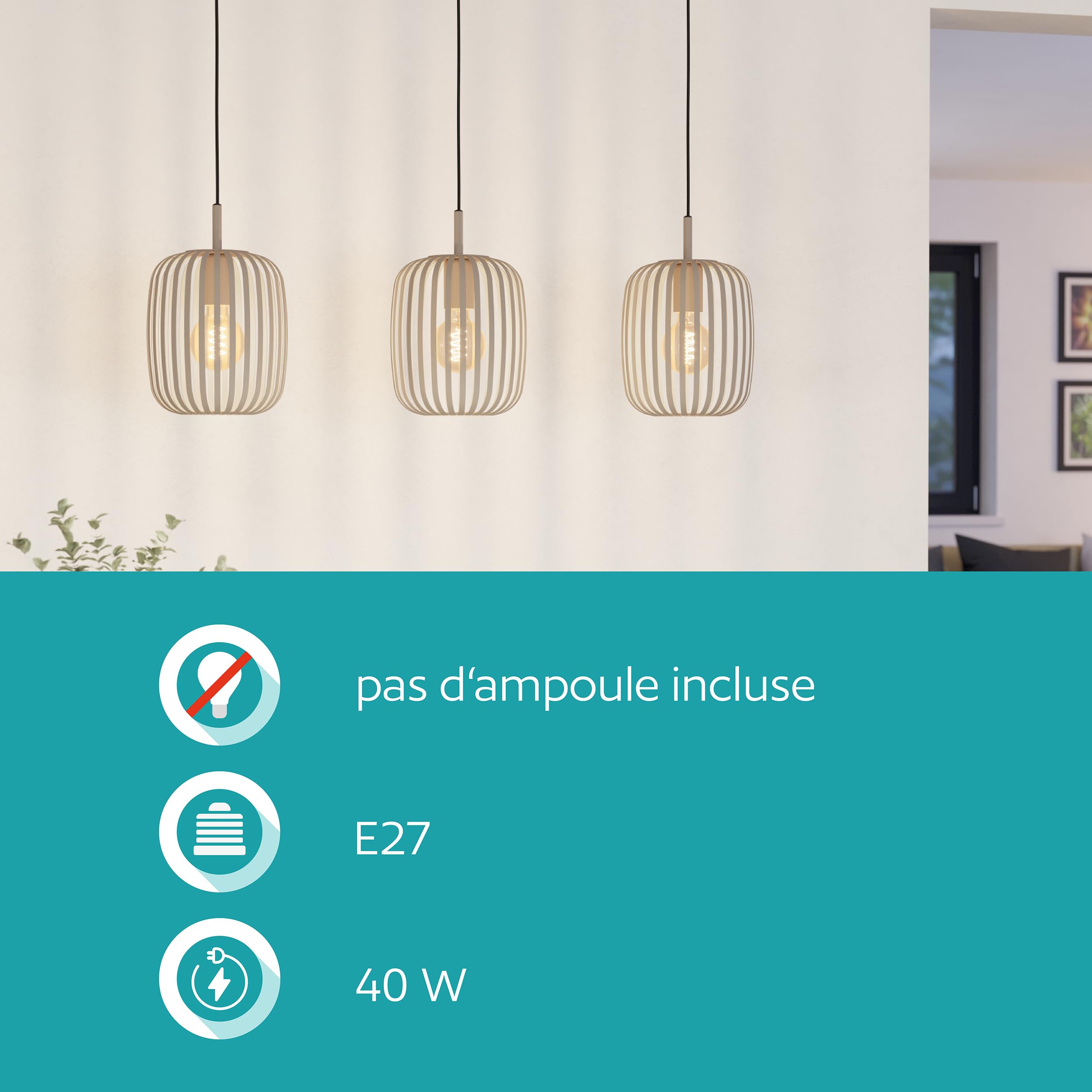 Eglo Suspension luminaire Romazzina, lustre à 3 lampes pour salon et salle | à manger, plafonnier à suspendre en métal couleur sable, lampe de plafond avec douille E27