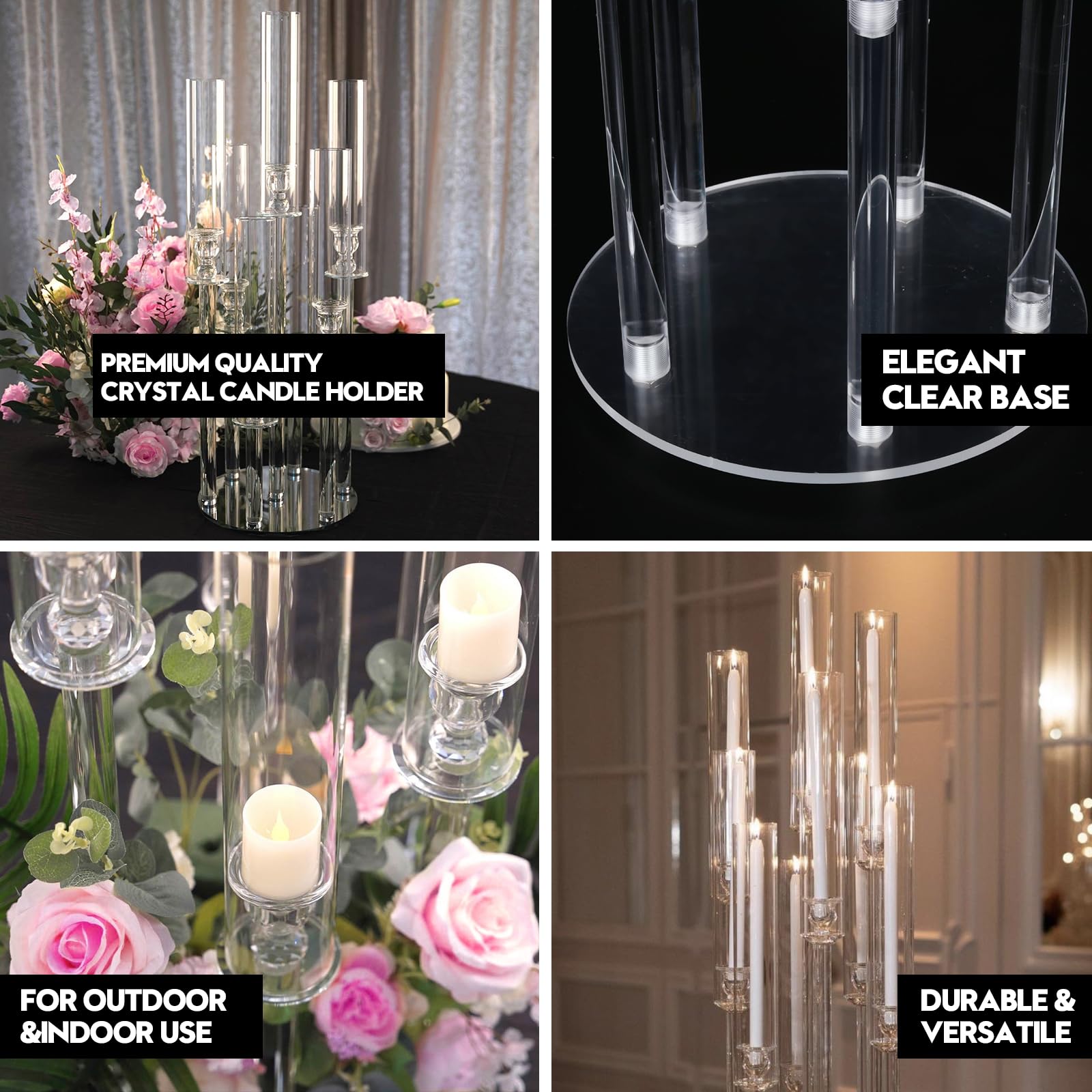 Lot de 4 bougeoirs à 8 bras en acrylique de 125 cm de haut pour tables, bougeoirs transparents pour pendaison de crémaillère, cheminée, décoration d'Halloween, de Noël, convient aux bougies