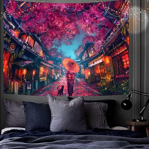 Miniatura 8 de Aidatain Tapiz de anime japonés antiguo japonés de paisaje de calle nocturna, tapiz de farol de flor de cerezo, tapiz grande de 60 pulgadas de largo
