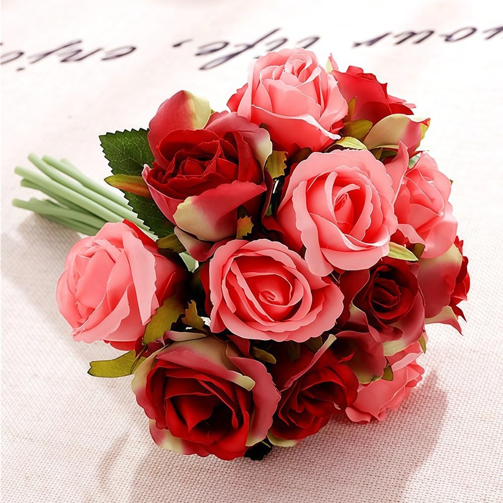 Jasion Artificial Roses Flowers 12 Heads Arrangement Silk Bouquet for Home Office Parties Bridal and Wedding Decoration (Red with Pink)
