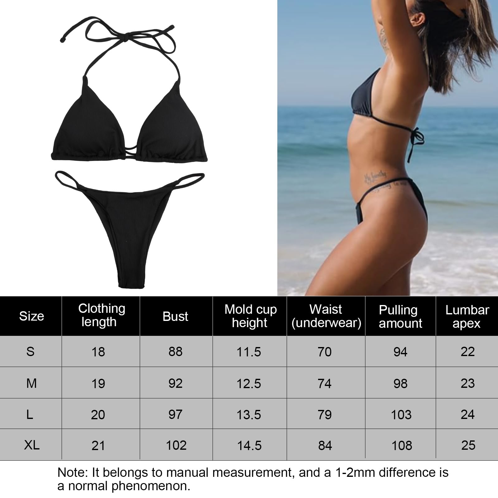 Mujer Bikini Sets Tiras Ajustable Traje Bañador Halter Dos Piezas con Relleno Negro