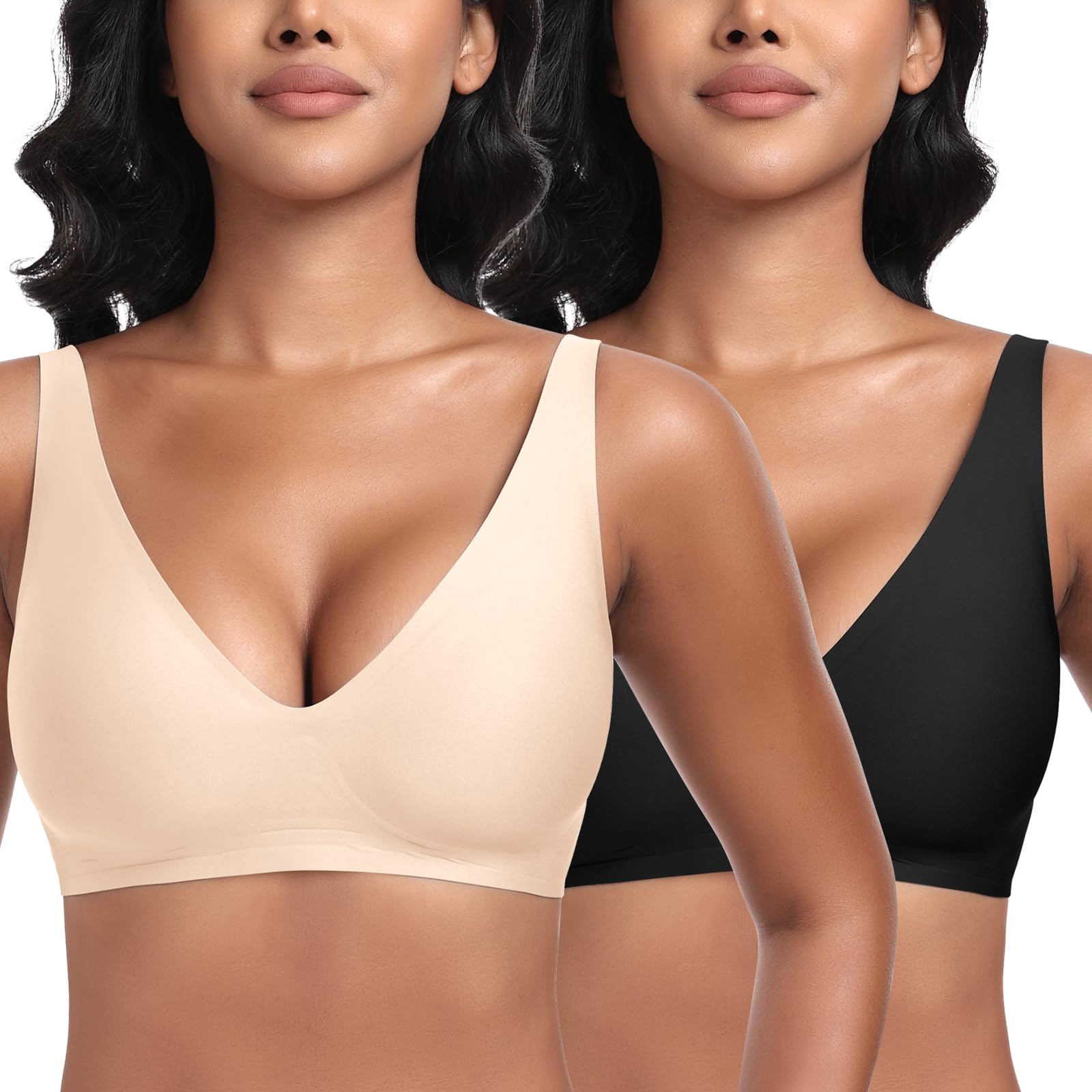 Deep V - Reggiseno senza fili da donna, supporto confortevole, senza cuciture, morbido, imbottito, in gelatina, per seni piccoli e grandi, bralette liscia con estensione extra, nero e beige