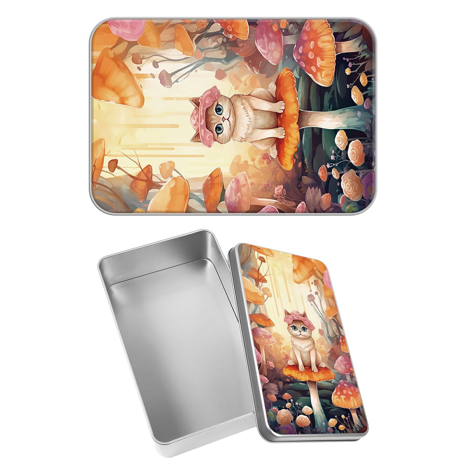 Rectangular Metal Tin Box with Removable Lid, Cat Mushroom Decorative Printed Metal Storage Container for Jewelry Pen Eraser Pill Candy Craft 4.9 x 3.54 x 1.57 inch– Single Pack