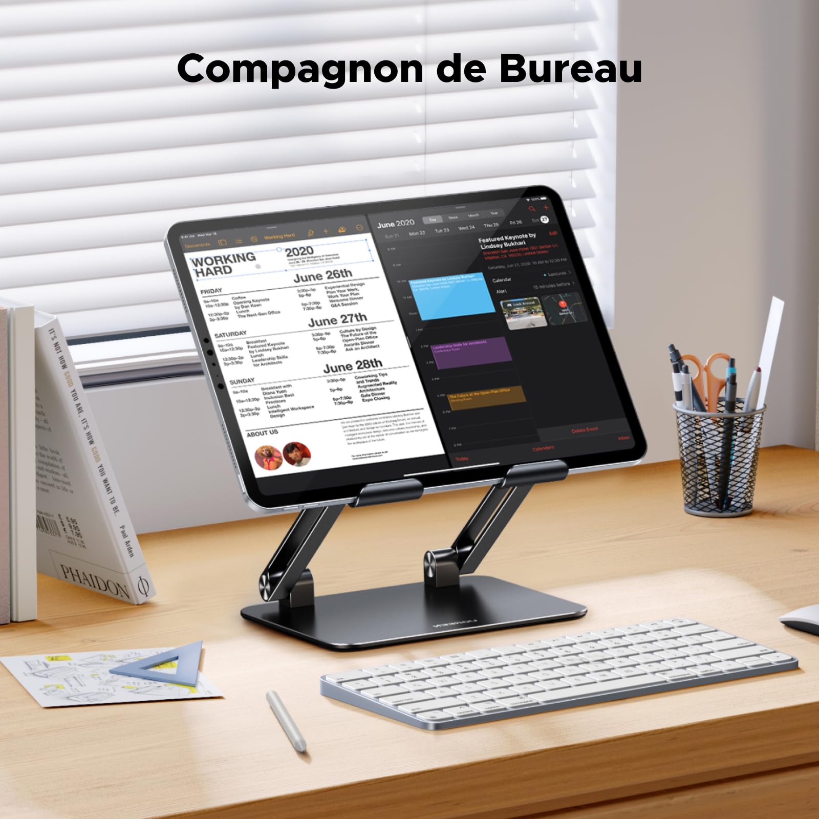 UGREEN Support Tablette Bureau Réglable à Double Tige Porte Téléphone Pliable Aluminium Compatible avec iPad Pro Air Mini 12,9 11 10,5 Pouces Galaxy Tab A9 S9 iPhone 16 Plus Pro Max 15 (Gris)