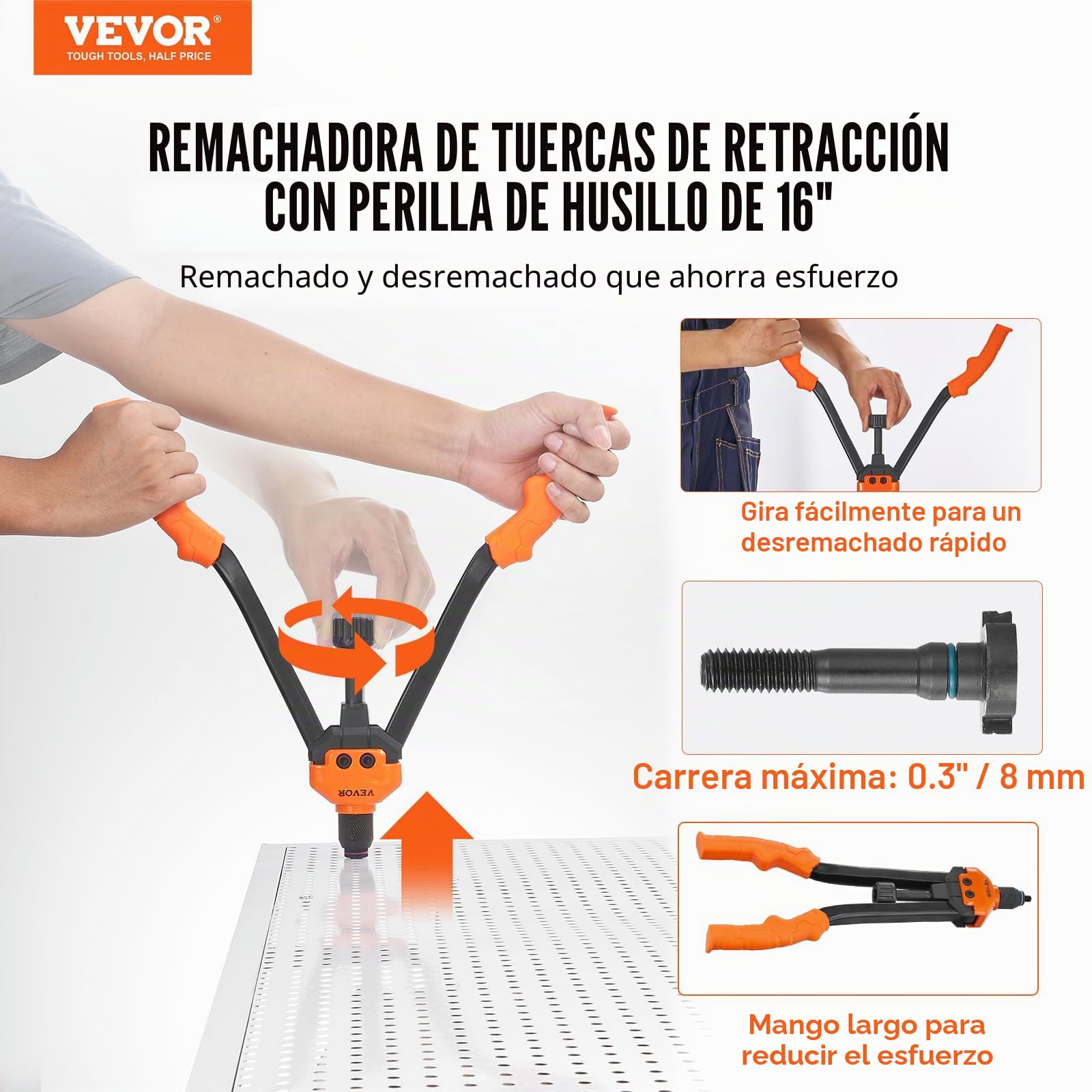 VEVOR Remachadora Manual de Tuercas Alicates de Inserción Roscada de 41cm con 13 Mandriles 186 Tuercas Herramienta de Remachado Botón Desviador Estuche de Transporte Portátil para Bricolaje Automotriz