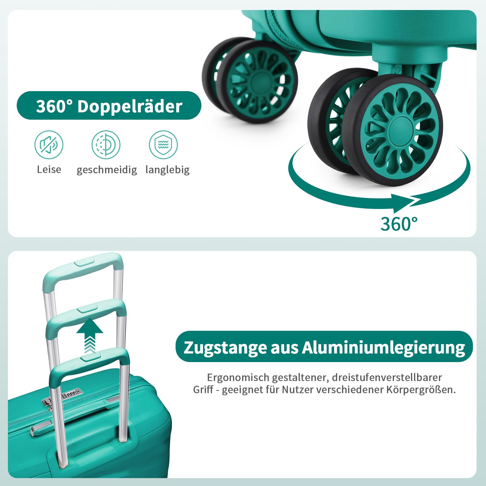 KONO Gepäckset 2-teilig Handgepäck Koffer Trolley 55cm + Kosmetikkoffer aus Polypropylen Hartschale, Koffer mit 4 Rollen und TSA Schloss (Grün)