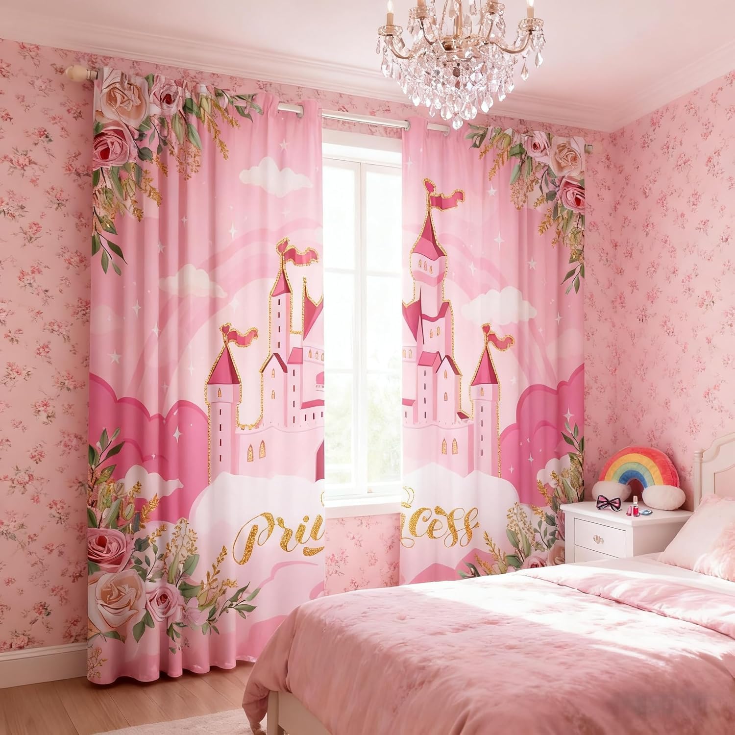 feelingyou Princess Curtains for Windows,Pink Castle Dreamy Flowers Curtains for Living Room,Fairy Tale Theme for Girl Blackout Drapes 2 Panel Sets,46x72L โ image 1