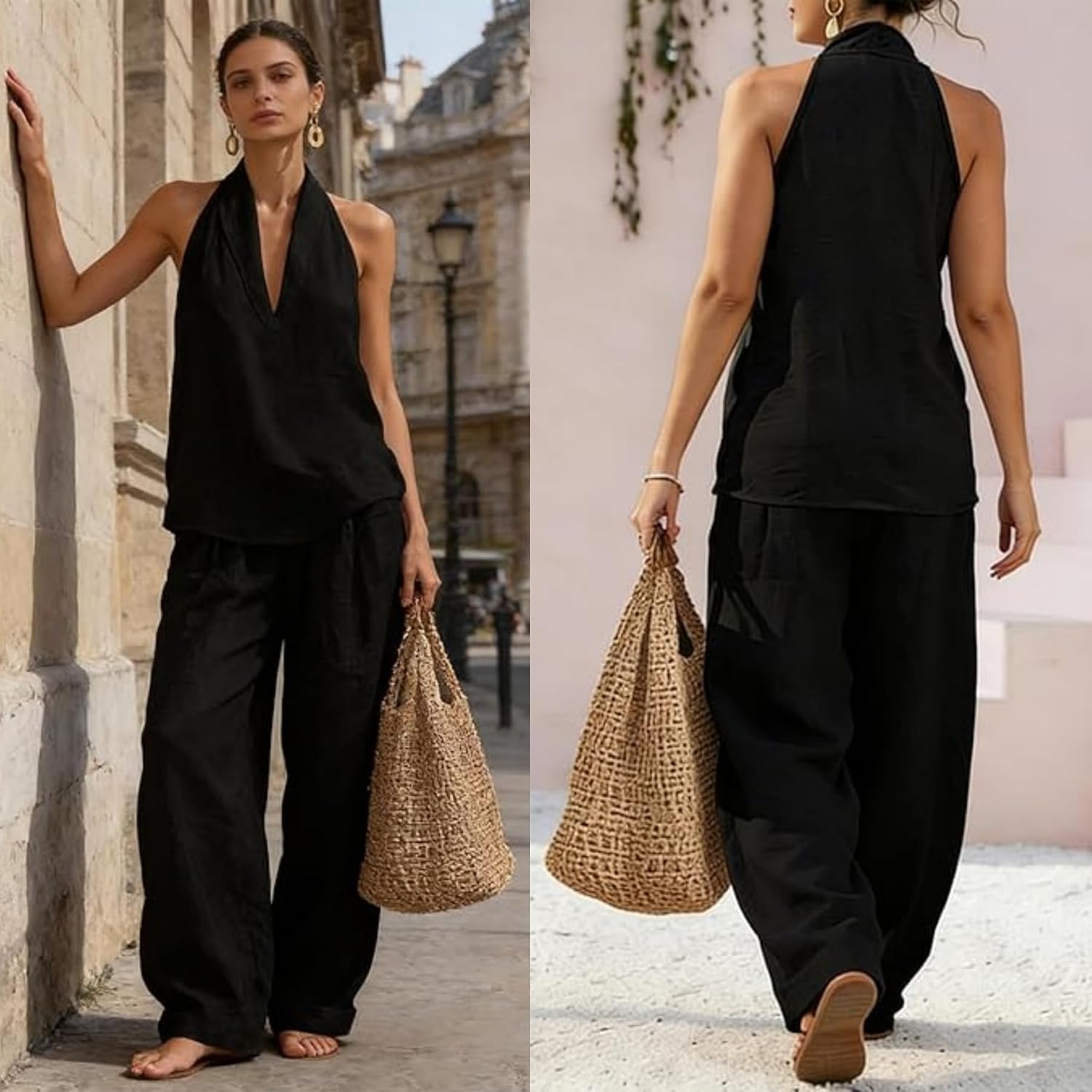 Cozy Minimalist Two-Piece Denim Set, Women's Fashion Halter Denim Sets Color Top Wide Leg Pants Two Piece