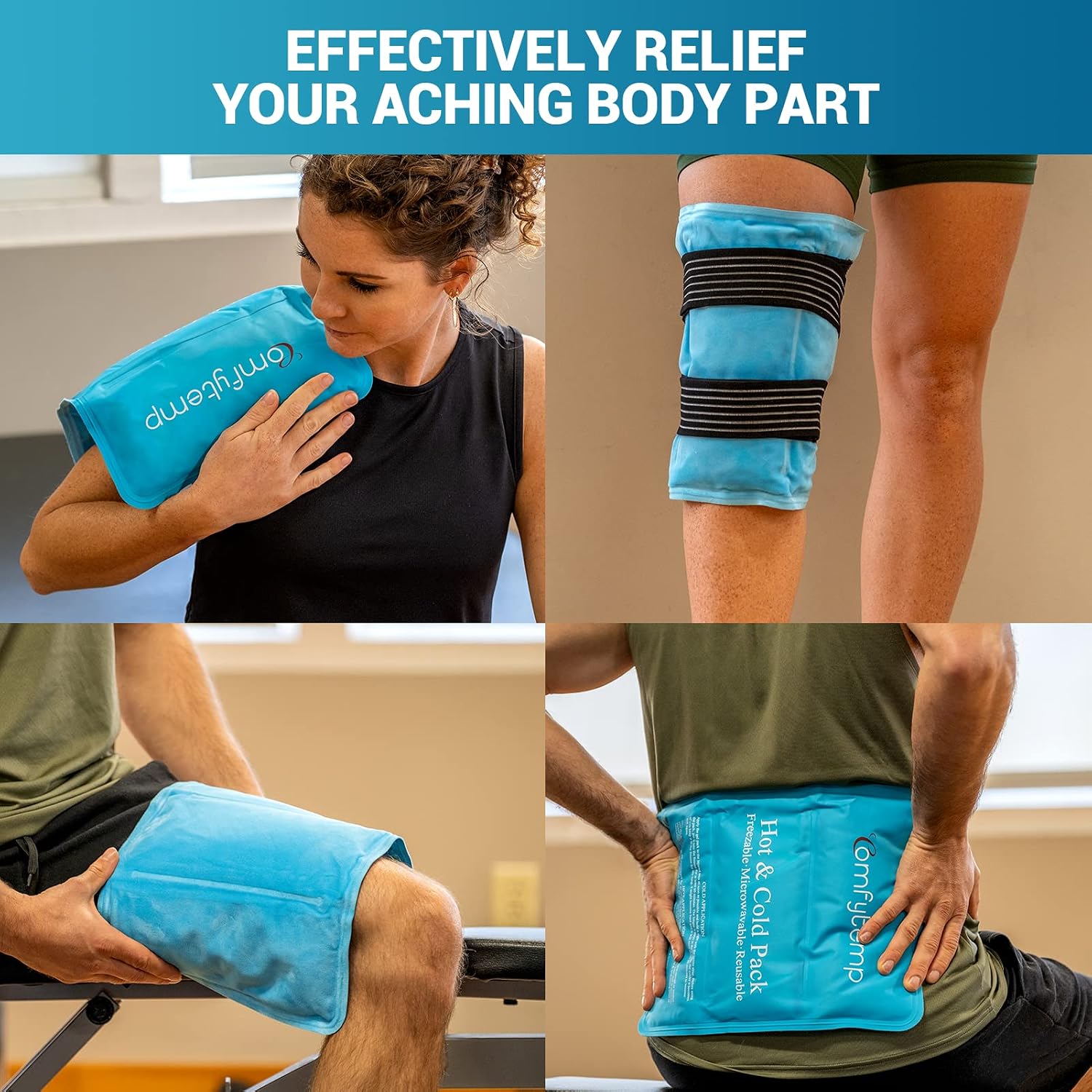 Comfytemp Ice Packs for Injuries Reusable Gel 10.5" x 14.5" Double Sided Ice Bag with Instant Hot & Cold Pack Compress for Knee Shoulder Back Pain Relief, Soft & Flexible Ice Pack with 2 Straps