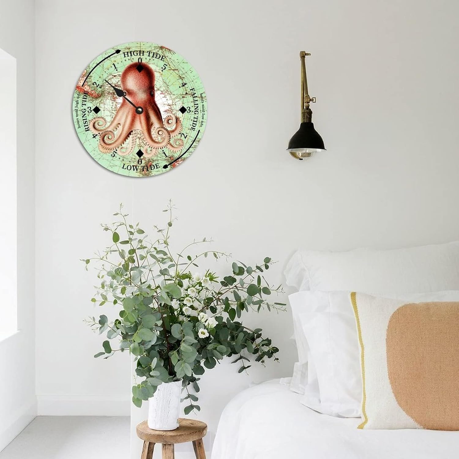 Rustic Wood Tide Clock Retro Ocean Octopus Ocean Time Rustic Wooden Clock Wood Moon Tidal Clock for Wall High and Low Tide Movement Clock for Seaside House Cottage Hotel Camping 15x15 in