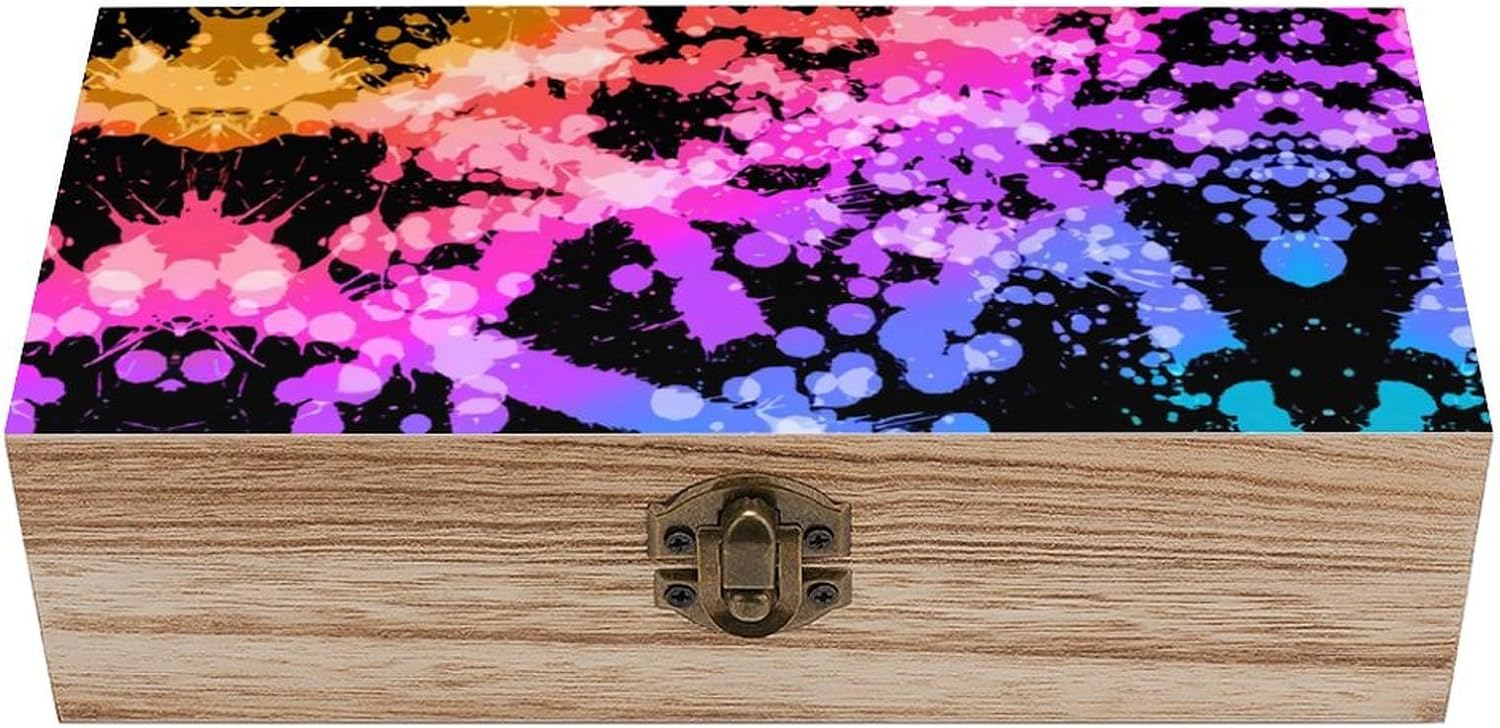 Rainbow of Neon Paint Splatters Wooden Box Storage Container with Lid Jewelry Organizer Gifts for Keepsakes Crafts