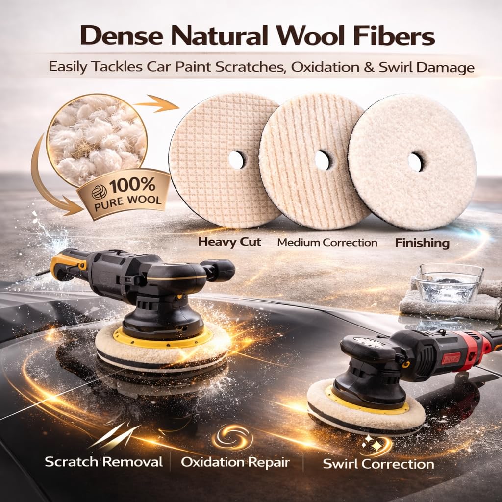 3PCS Wool Cutting Pad 6 Inch Set, 6 Inch Wool Buffing Pads, Wool Polishing Pad & Lambswool Pad for 5 Inch Backing Plate, Wool Pads for Buffing, Car Detailing & Paint Correction