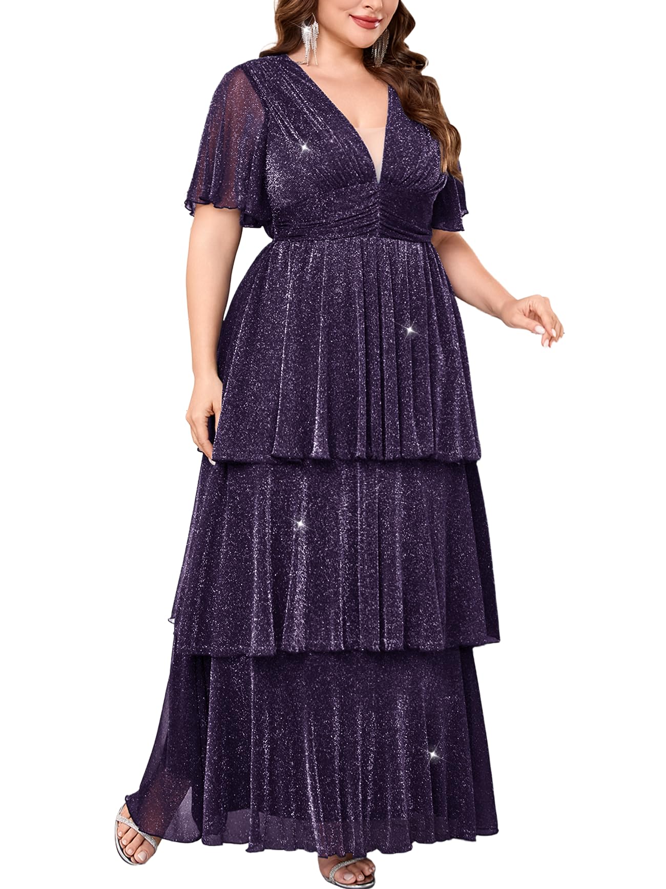 TIARALY Plus Size Formal Evening Gown Glitter V Neck Ruffle Sleeve Elegant Flowy Tiered Maxi Wedding Guest Party Dress