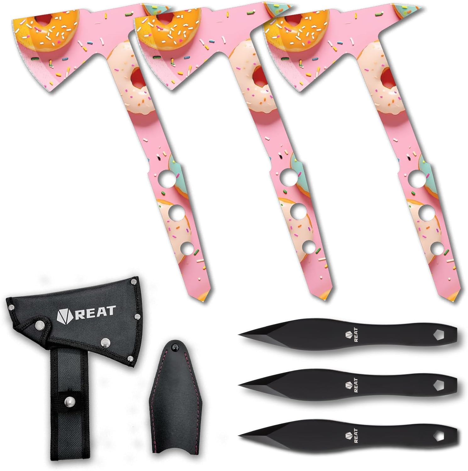 REAT Throwing Axes and Throwing Knives Set with Sheath, 3 Piece 10.5" Throwing Hatchet and 3 Piece 6.5" Throwing Knives,Back Yard Throwing Game,Recreation,Competition,Gifts for Men,Women