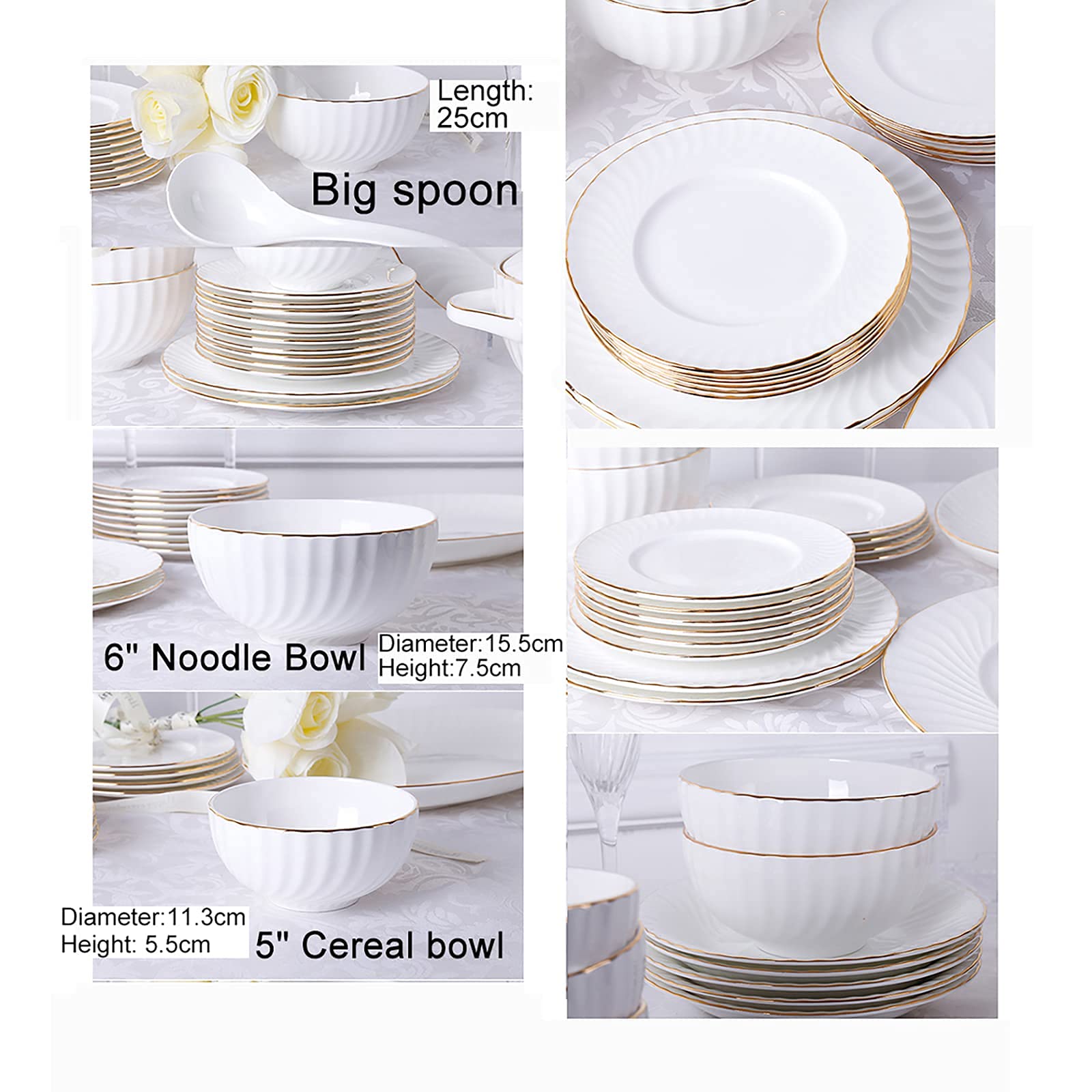 18-częściowy zestaw obiadowy, biała porcelana kostna, zestaw obiadowy z talerzykami deserowymi, talerzami do zupy, talerzami obiadowymi, miskami, serwisem dla 6 osób, bezpieczny do mikrofalówki i pie