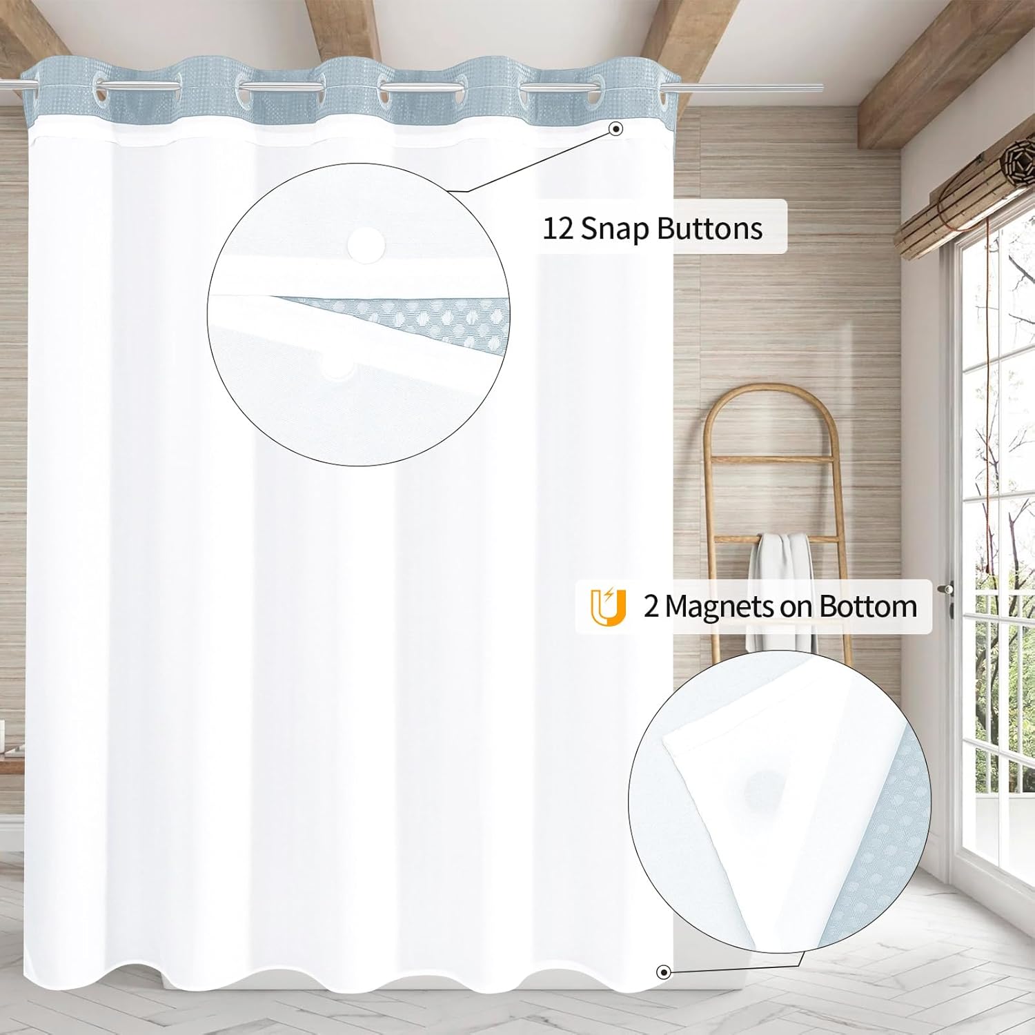 MitoVilla No Hooks Needed Blue Waffle Shower Curtain Liner Set, Modern Waffle Weave Heavy Duty Fabric Cloth Shower Curtain with Snap-in Liner for Luxury Neutral Hotel Spa Bathroom Decor
