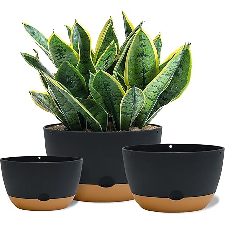 Self Watering Planters Large: Plastic Outdoor Flower Pot, Set of 3, Grey