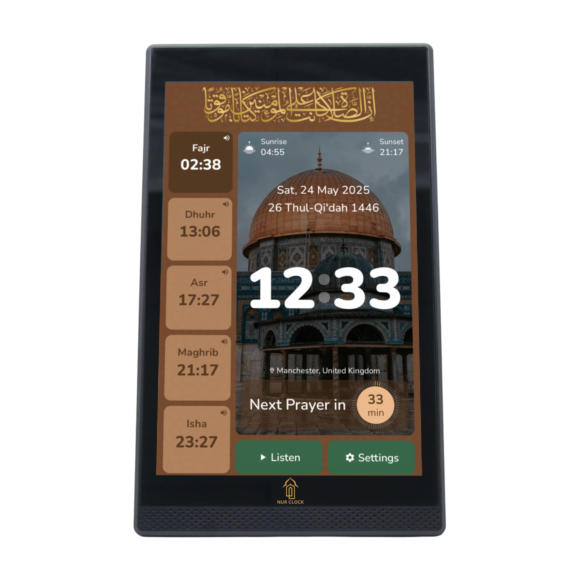 Nur Clock - 10" Islamic Athan Clock with Quran & Azkar, Hijri Date, Scheduling, Multiple Calculation Methods, Touchscreen, WiFi & Offline Mode – Arabic, English & Urdu (Black)