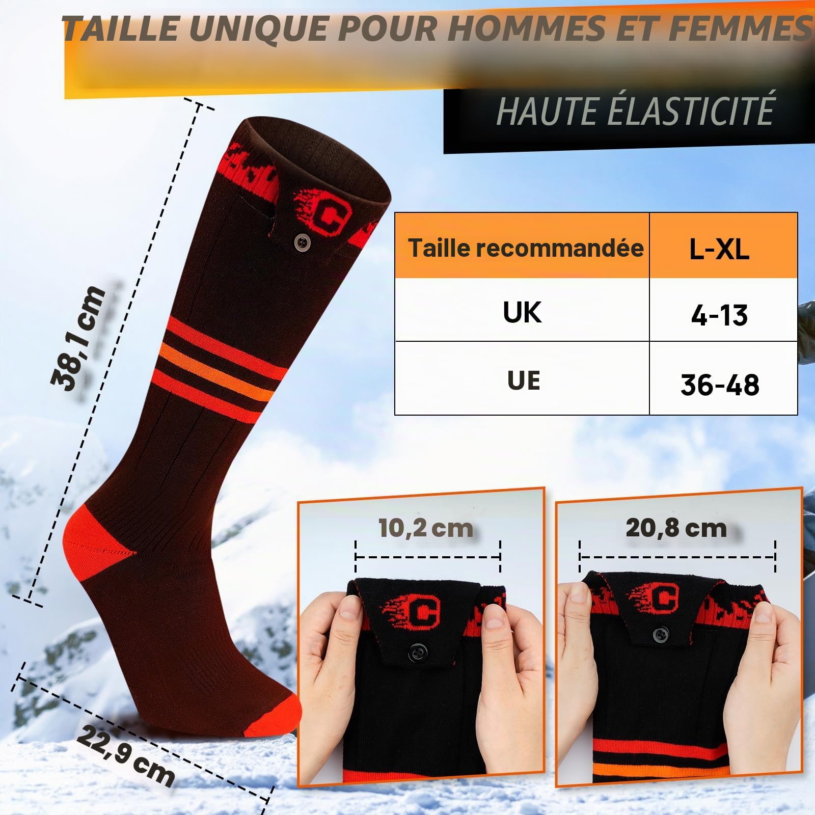 COZII Chaussettes Chauffantes, 5V 5000mAh Chaussette Chauffante Homme Femme USB Rechargeables, 3 Niveaux Chauffage Chaussettes d'hiver pour Sports Ski Cyclisme Moto Camping (Rayures)