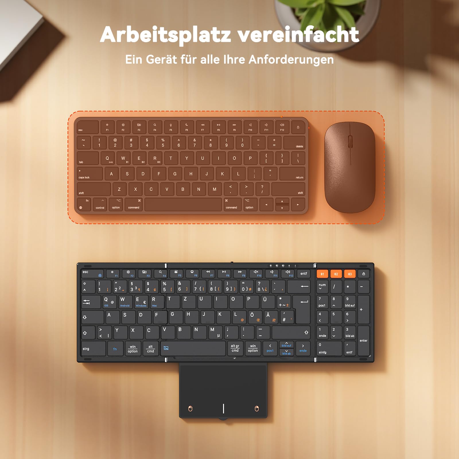MEETION Faltbare Bluetooth-Tastatur mit Touchpad, QWERTZ, Kabellos | Tragbare, wiederaufladbare Tastatur mit Ziffernblock, kompatibel mit iPad, Windows, Mac, Android, iOS und Laptops