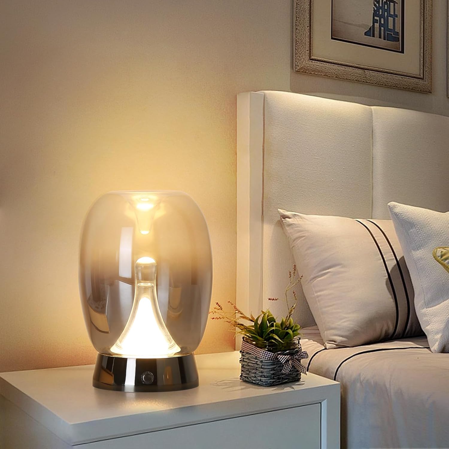 Modern Smoke Glass Table Lamp - Minimalist LED Accent Light for Bedroom, Living Room & Office | Touch Control Dimmable Bedside Lamp with Stainless Steel Base