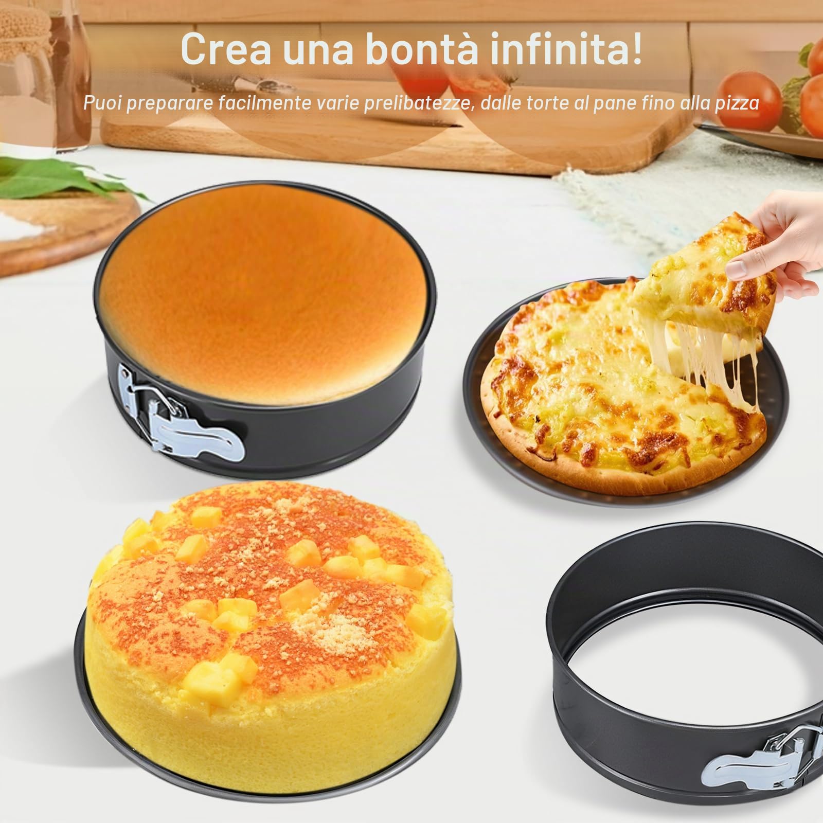 Tortiera 18 cm/20 cm/22 cm, Tortiera Apribile Forma Rotonda con Rivestimento Antiaderente, Acciaio al Carbonio, per Torte Quiche