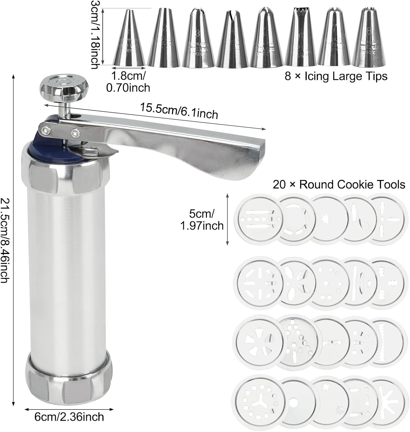24-Piece Cookie Press Set, Stainless Steel Cookie Gun for Baking with 20 Patterns Discs - Non-Slip Handle Butter Cookie Maker Machine for Kids & Beginners, Silver