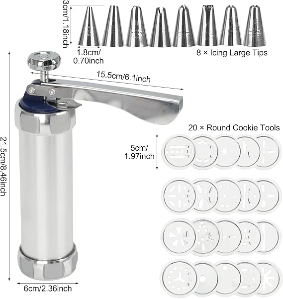 24-Piece Cookie Press Set, Stainless Steel Cookie Gun for Baking with 20 Patterns Discs - Non-Slip Handle Butter Cookie Maker Machine for Kids & Beginners, Silver