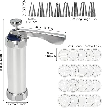 24-Piece Cookie Press Set, Stainless Steel Cookie Gun for Baking with 20 Patterns Discs - Non-Slip Handle Butter Cookie Maker Machine for Kids & Beginners, Silver