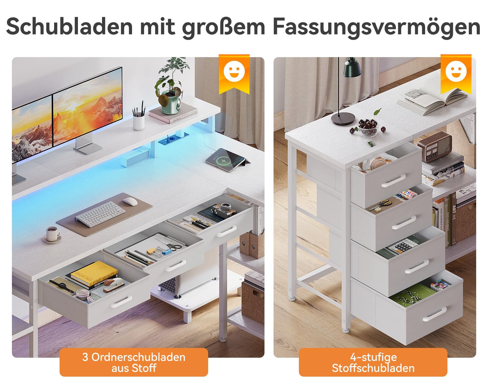 Coleshome Gaming Tisch mit 7 Schubladen & Großzügigem Stauraum, 179.5×135.5cm Eckschreibtisch mit RGB LED, Reversibler Schreibtisch L Form mit 2 Steckdosen, Ideal für Büro & Gaming, Weiß