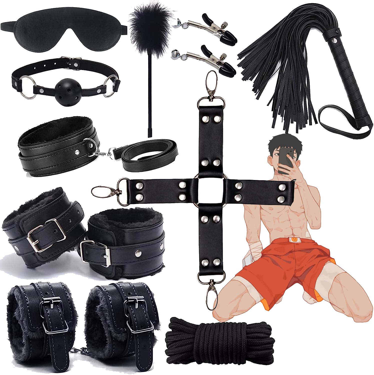 [10 Pezzi] Set di Attrezzature per L'allenamento Yoga Nero con Pelle Regolabile, Accessori per Lo Sport, Regalo Originale-K4